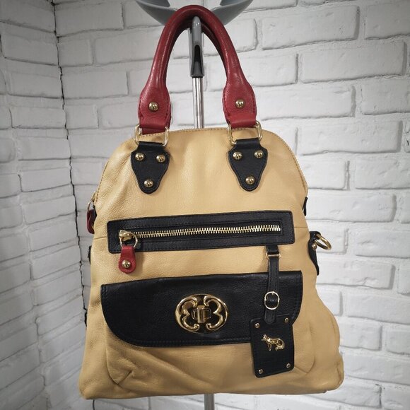Emma Fox Fold Over Tan & Black w/ Red Handles Genuine Leather Lined Handbag - Picture 1 of 12